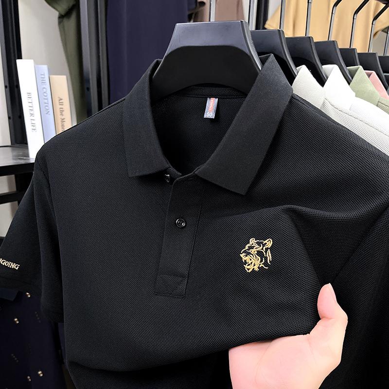 Wovey Heren Poloshirt Kraag Korte Mouw T-shirt Zomer Verfijnd Tijger Borduurwerk Mode Zakelijk Casual Herenkleding 4XL zwart