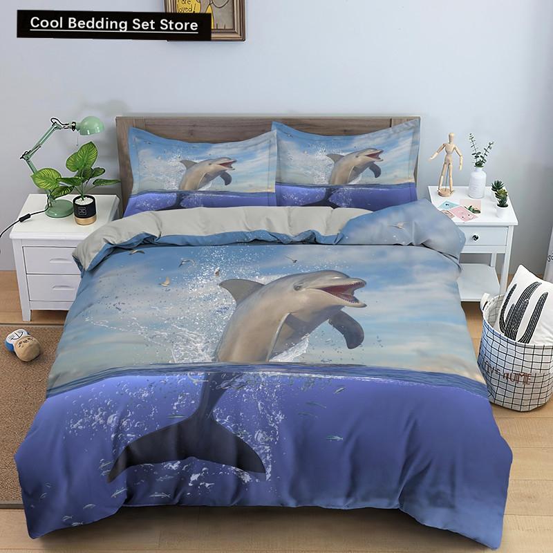 Ocean Dolphin Duvet Cover King Queen Size Cute Dolphin Jumping In The Blue Sea Bedding Set Children 3D Animal Sunset Quilt Cover