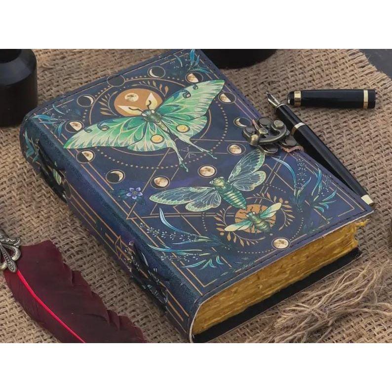 

Handmade Leather Journal: Luna Moth & Butterfly Print, Deckle Edge Paper 7 x 5 in - 100 Page