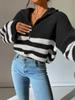 Fall Winter New Style Striped Color Block Stand Collar Knit Pullover Sweater Outerwear for Women
