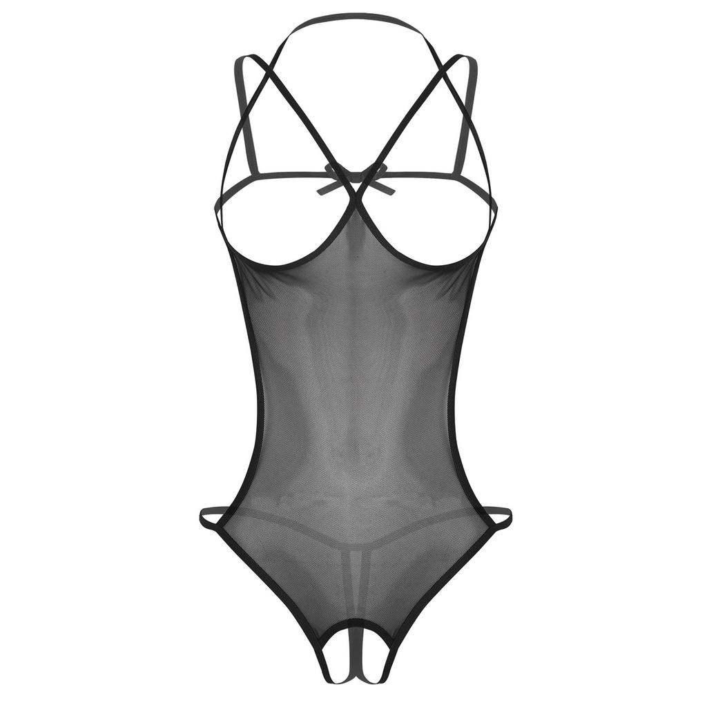Womens Mesh Crotchless Bodysuit Halter Backless Hollow Out Leotard Lingerie