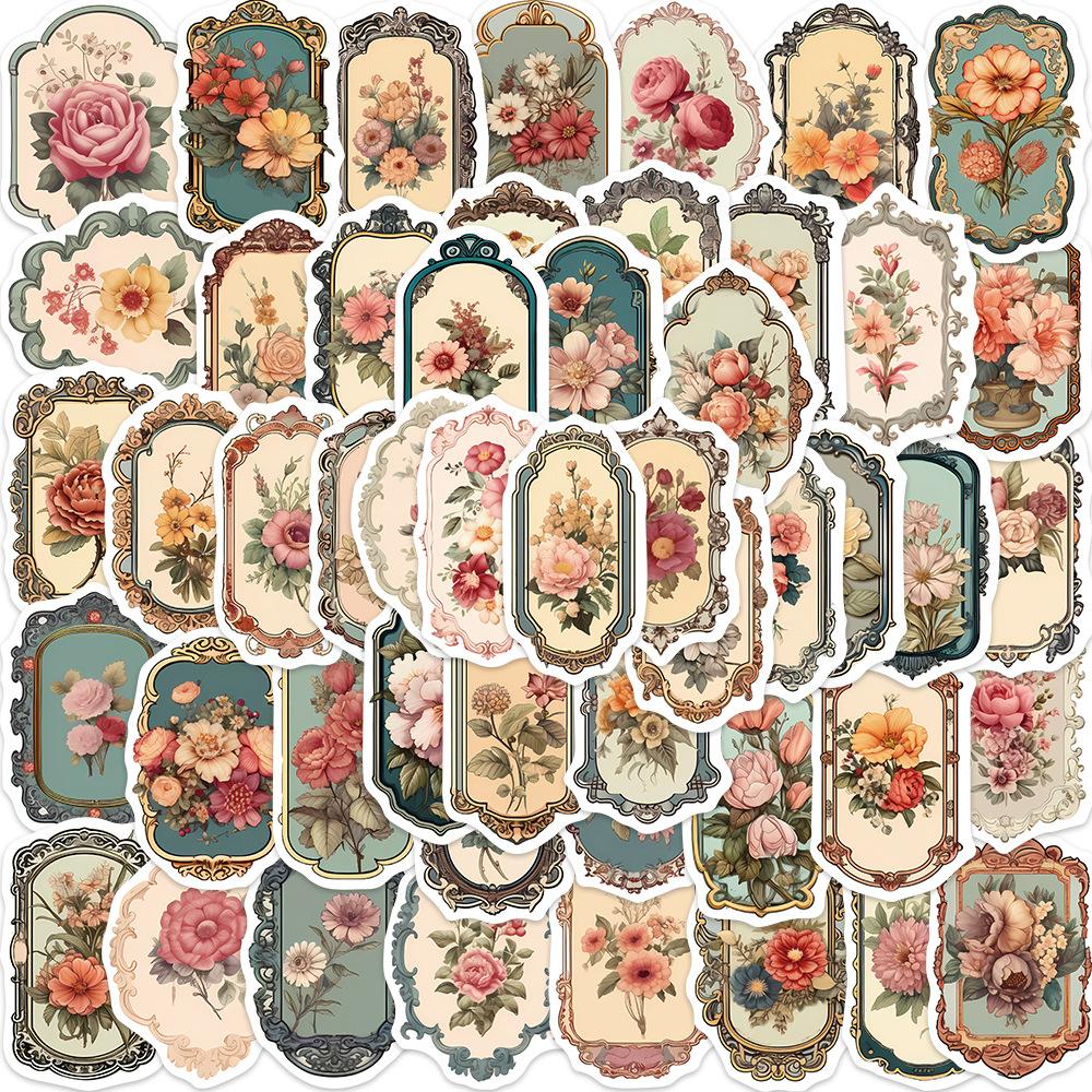 50 Vintage Floral Mirror Graffiti Stickers Personalized Decorative Guitar Notebook Suitcase DIY Waterproof Stickers