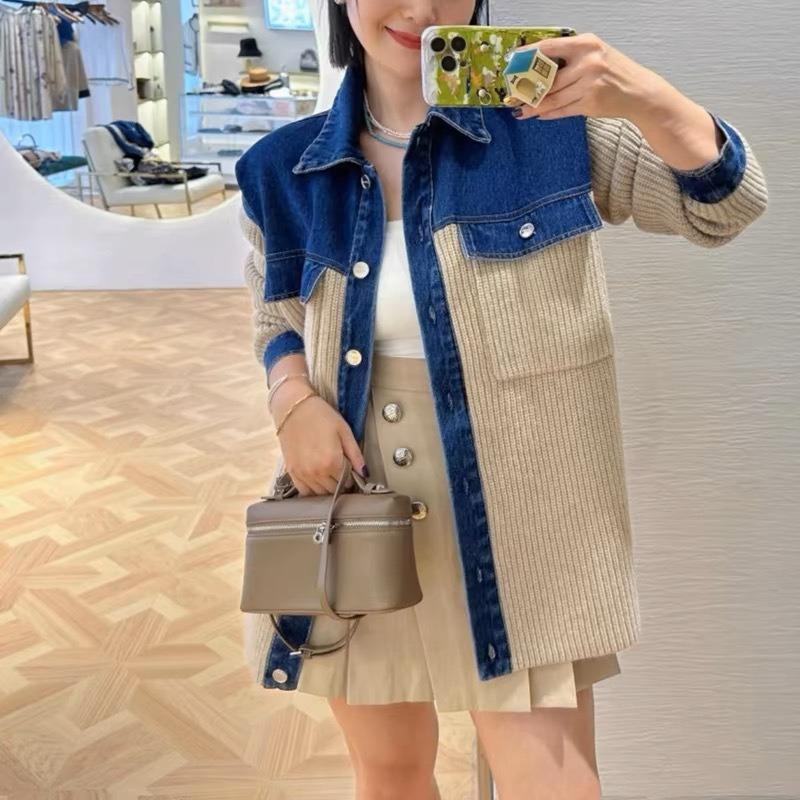 Autumn and winter new knitted cardigan women's retro contrasting denim splicing lapel sweater jacket women