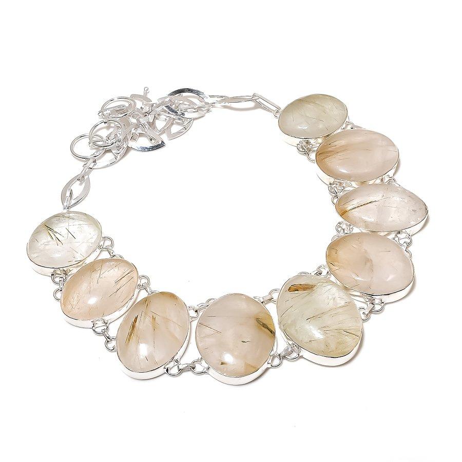 Golden Rutile Gemstone Handmade 925 Sterling Silver Jewelry Necklace 18" SU-9839