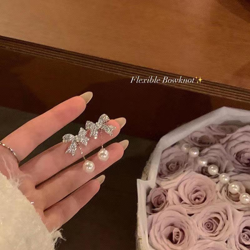 S925 Silver Needle Full Of Diamonds Butterfly Pearl Fringed Earrings Trendy High-End Light Luxury Stud Earrings Women