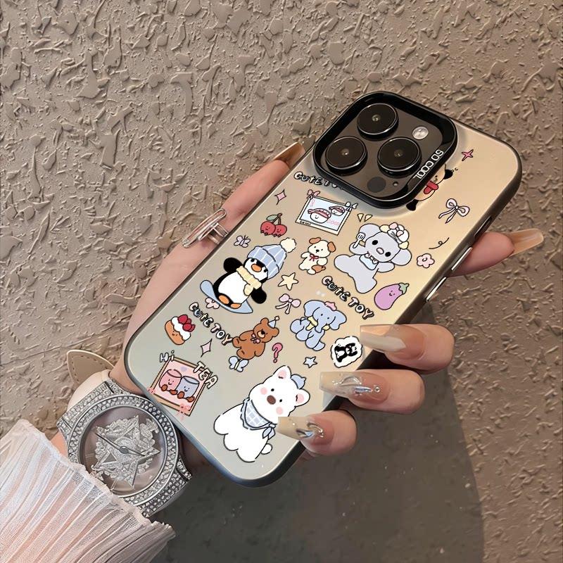 Cute Cartoon Animal Sticker Phone Case, Frosted Matte Shockproof Protective Cover, Kawaii Multi-Animal Print Phone Shell for iPhone