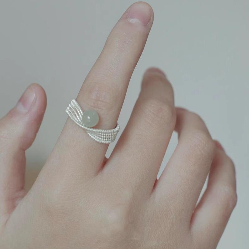 Sterling Silver Braided Line Hotan Jade Ring Female Minority Design National Style Ring