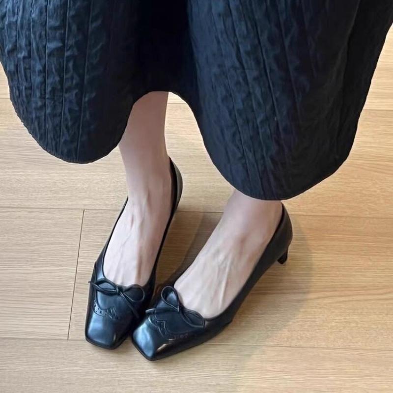 Spring and Autumn Round Head Leather Low Heel Bow Shallow Mouth Comfortable Fashion Ballet Shoes Simple Fashion Women's Shoes