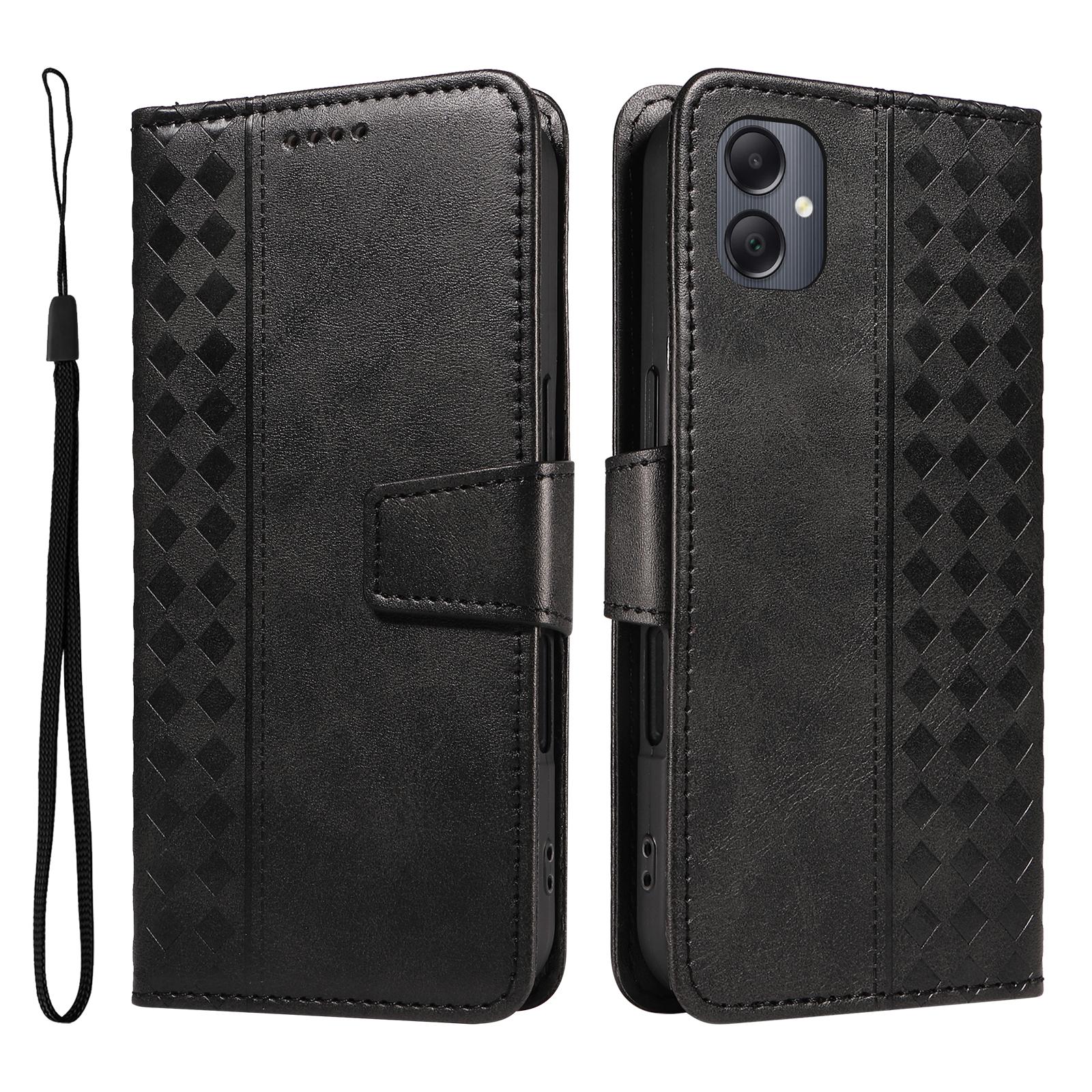 

For Samsung Galaxy A06 5G/Galaxy A06 4G Leather Case Wallet Stand Grids Imprinted Phone Cover with Strap Black