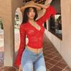 European and American Instagram-Style Sexy Versatile Short Crop Top with Lace Long Sleeves, Hot Girl Style Lace See-Through Top Sexy Top