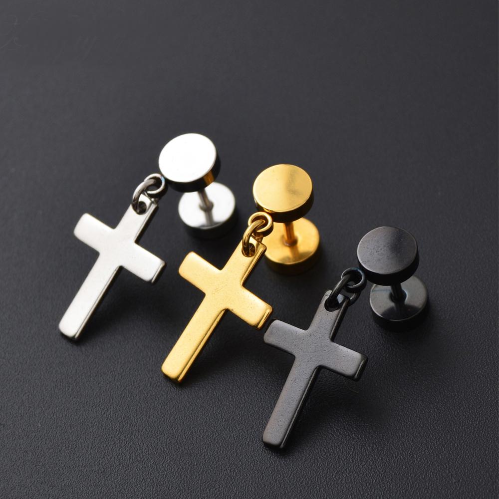 WKOUD Punk Black Multiple Styles Stainless/Titanium Steel Stud Cross Earrings Men Women Gothic Street Pop Hip Hop Ear Jewelry