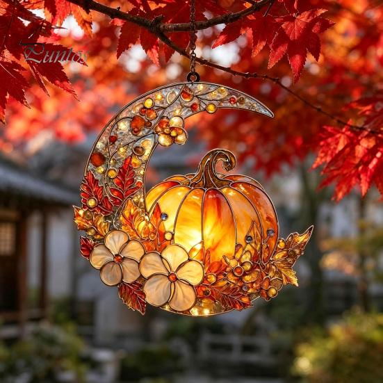 Chique Herfstachtige Sfeer Hangend Stuk Glas-in-lood Pompoen Maan Zonenvanger, Acryl Halve Maan Raamdecoratie met Halloween Thanksgiving Decoratief