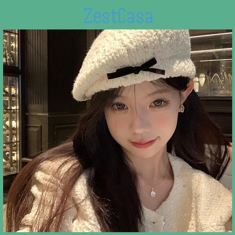 Beret Feminine White Hat With Cute Bowknot Design For Women Perfect For Autumn And Winter