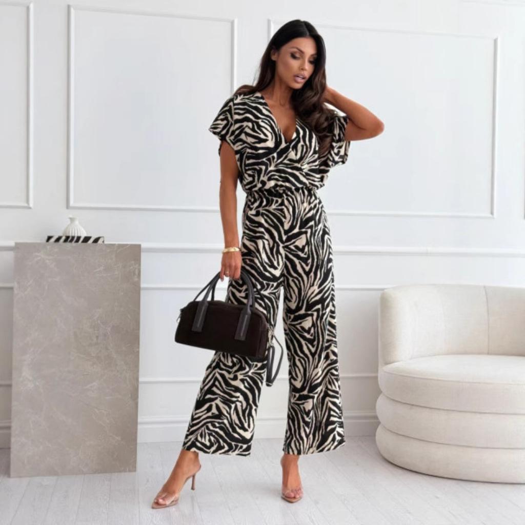 Summer Women's Sexy V-neck Leopard Zebra Print High Waist Wide Leg Jumpsuit