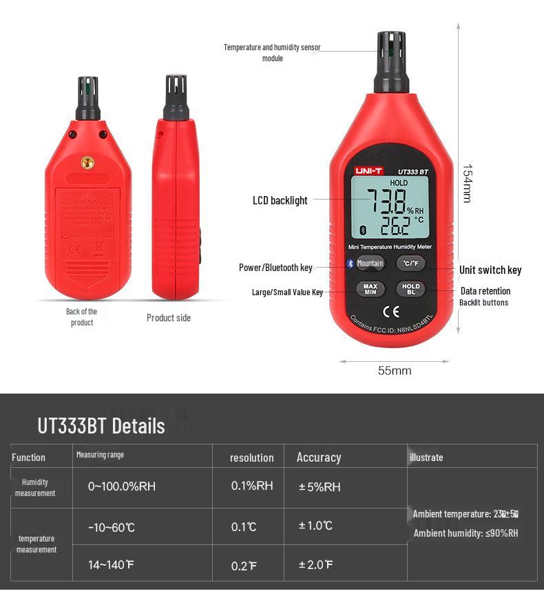 Uni-T UT333BT/S Bluetooth Thermohygrometer: Indoor/Outdoor Thermometer for Household, Industrial, and Agricultural Use.