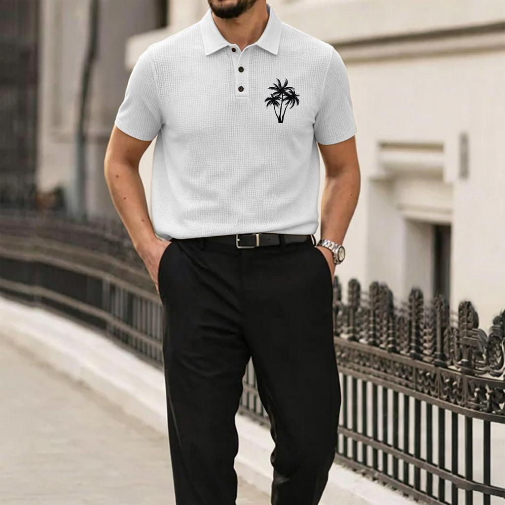 Men's Summer High-End Mesh Ice Silk Short Sleeve Polo Shirt Breathable Lightweight Casual Top with Palm Tree Embroidery