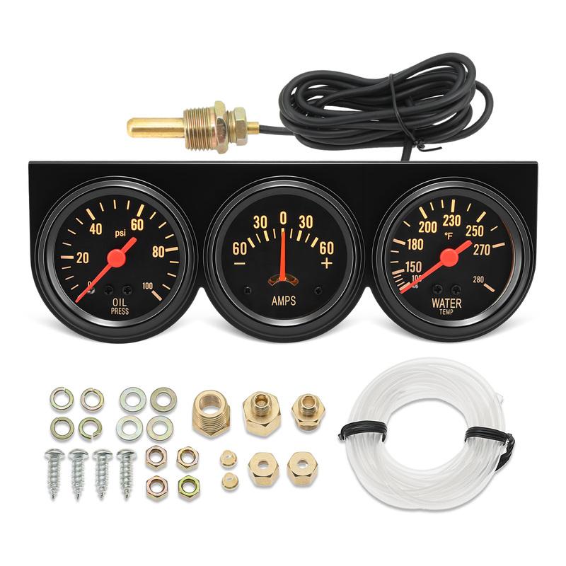 Dreifach-Anzeigen-Set 2 Zoll 52 mm Wassertemperaturanzeige 280 ℉ 3-in-1 Stromstärkemesser Öldruckmesser 100 psi Universell für 12V Autos