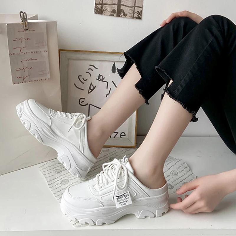 Women's Half Slippers PU Leather Womens Sneakers Breathable Loafers Lace-up Shoes Outdoor Casual Shoes Platform Zapatillas Mujer