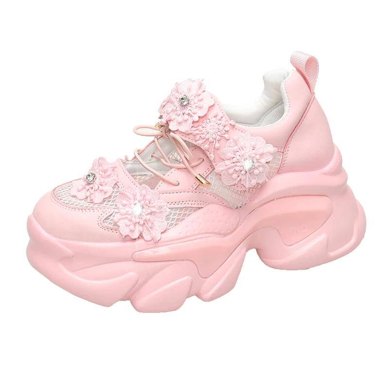Fashion Women Platform Casual Breathable Crystal Flower Shoes Summer Chunky Sneakers 7.5CM Hidden Heels Hollow Leisure Shoes Woman