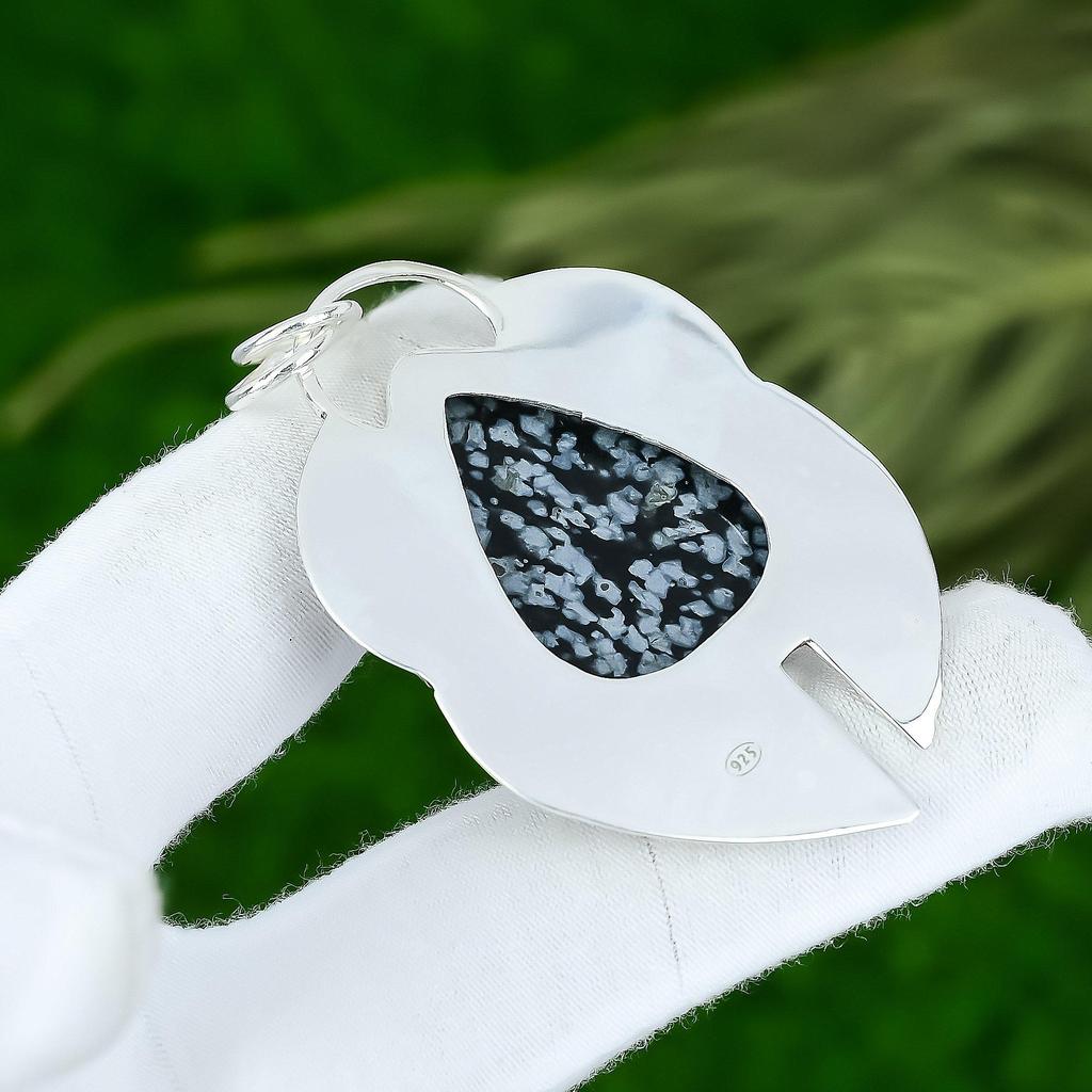 Pierre Gemme Obsidienne Flocon de Neige Argent Sterling Fait Main Serti Lunette Pendentif Artisanal Sœur