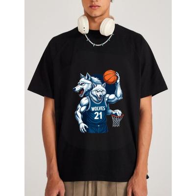 Biały T-shirt Drużyna Koszykówki Wolves Numer 21 Nadruk Graficzny dla Fanów Sportu Odzież Codzienna