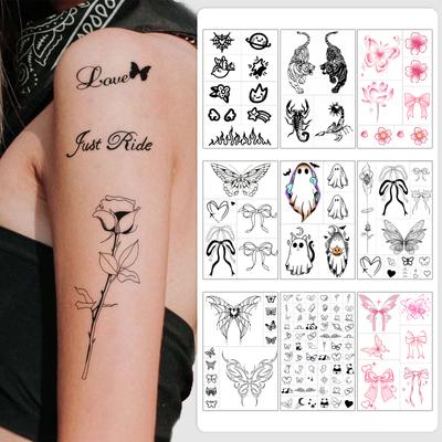 Butterfly Ghost Bow Flower Kitten English Short Sentences Multi-Picture Finger Tattoo Sticker