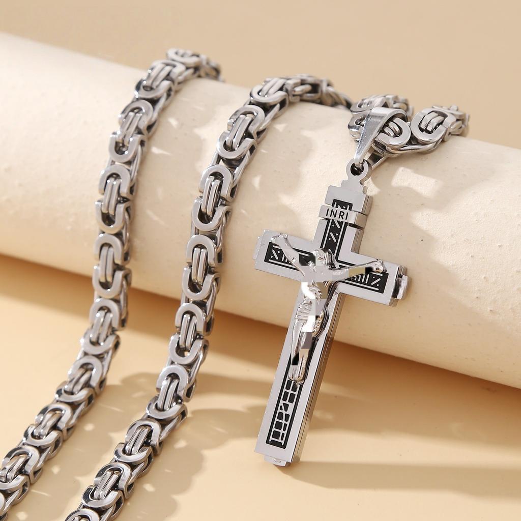 Colier pandantiv Crucifix Isus Cristos Catolic din Oțel Inoxidabil Colier cu lanț Curb 24" pentru Bărbați Femei
