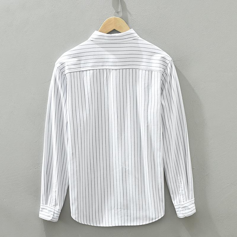 Winter Warm Men Tops Daily Casual Long Sleeve Striped Shirts for Men Pure Cotton Men Clothing Lapel Collar Fleece Shirt with Pocket