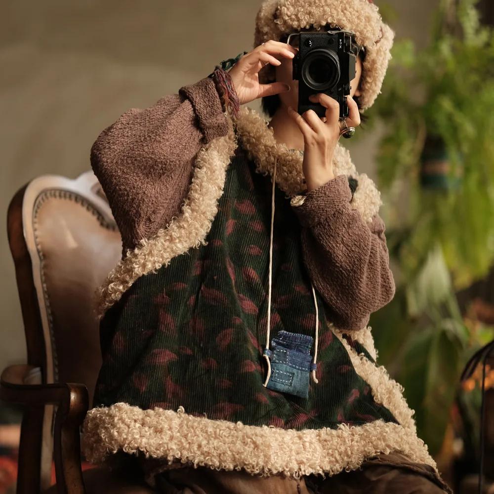 Johnature Women Chinese Style Corduroy Coats Print Floral Wool Patchwork Warm Spring V-Neck Vintage Coats