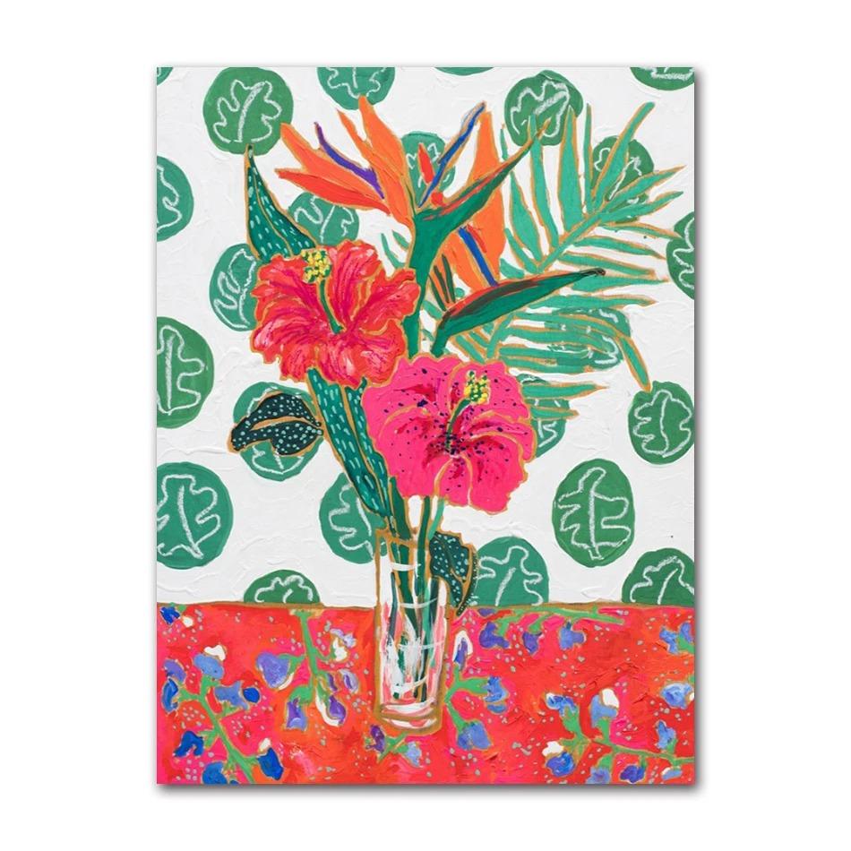 Nordic Flower Leaf Colorful Vase Art Print Wall Poster Canvas Painting Retro Picture Modern Home Decor Bedroom Decoration