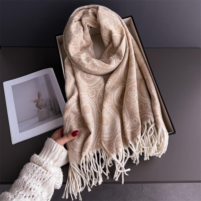 Neck Warmer Scarf For Women Men Winter Thickened Tassel Pashmina Shawl Faux Cashmere Warps Autumn Elegant Cashew Print Blanket