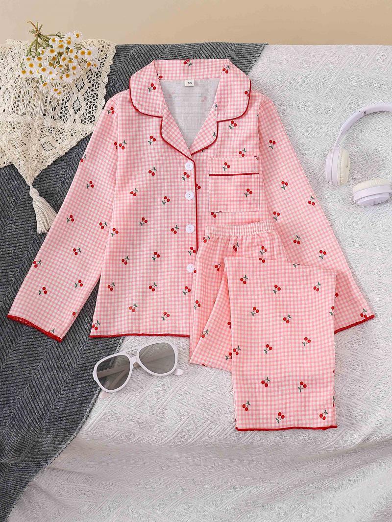 Girls Plaid Cherry Print Pajama Set - Long Sleeve & Pants Size 120