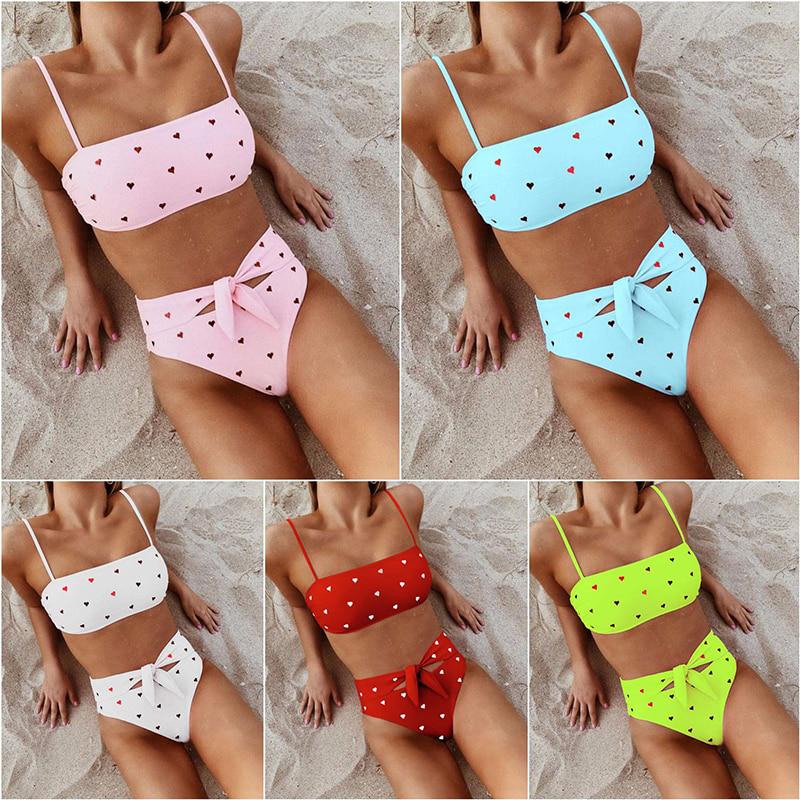 2 Piece Heart Print Bandage Swimsuit Bikini Set Push Up Swimwear High Waisted Girls Bathing Suit