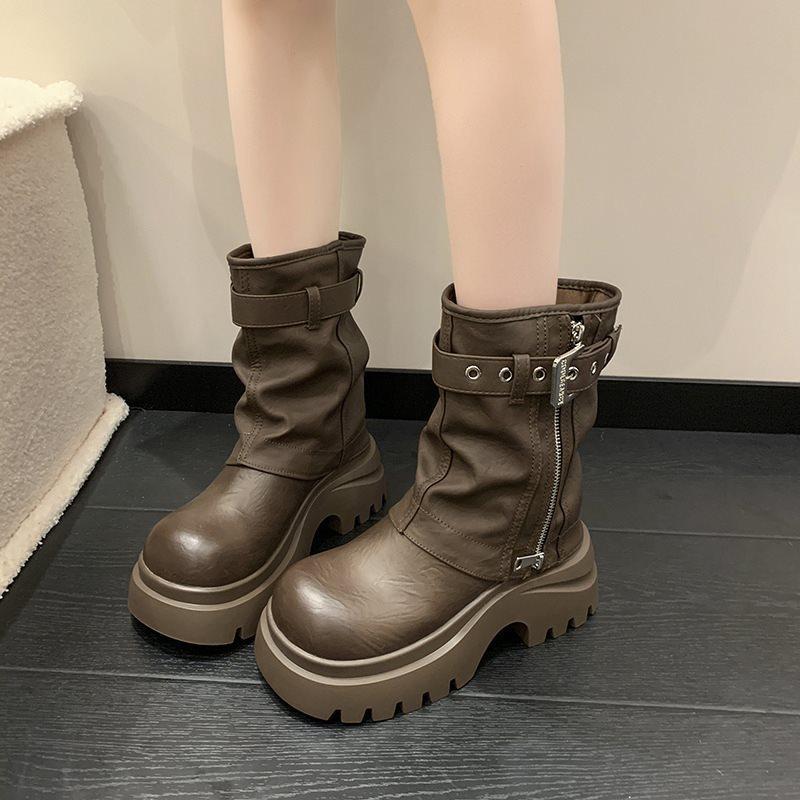 Versatile retro sleeve Martin boots women's medium tube fashion temperament design thick sole niche autumn and winter fashion boots black