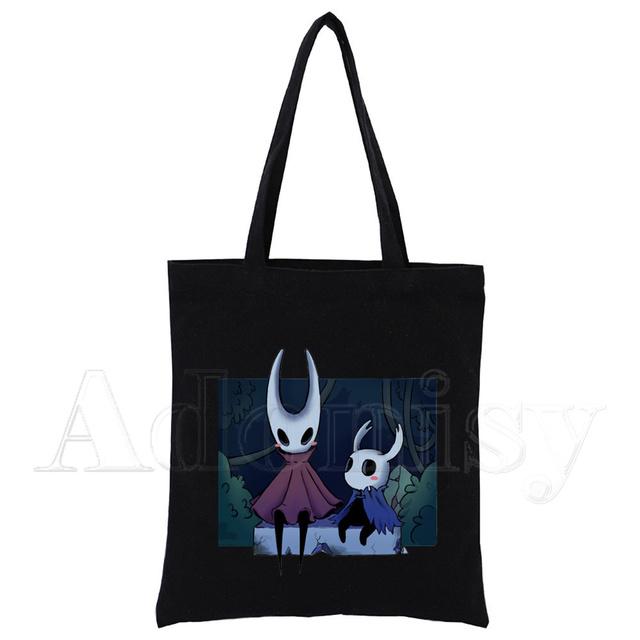 Hollow Knight Harajuku Konst Shopping Svarta Väskor Canvas Tote Bag Tryckt Tecknad Återanvändbar Tygkasse Handväska Axelväskor Anpassad
