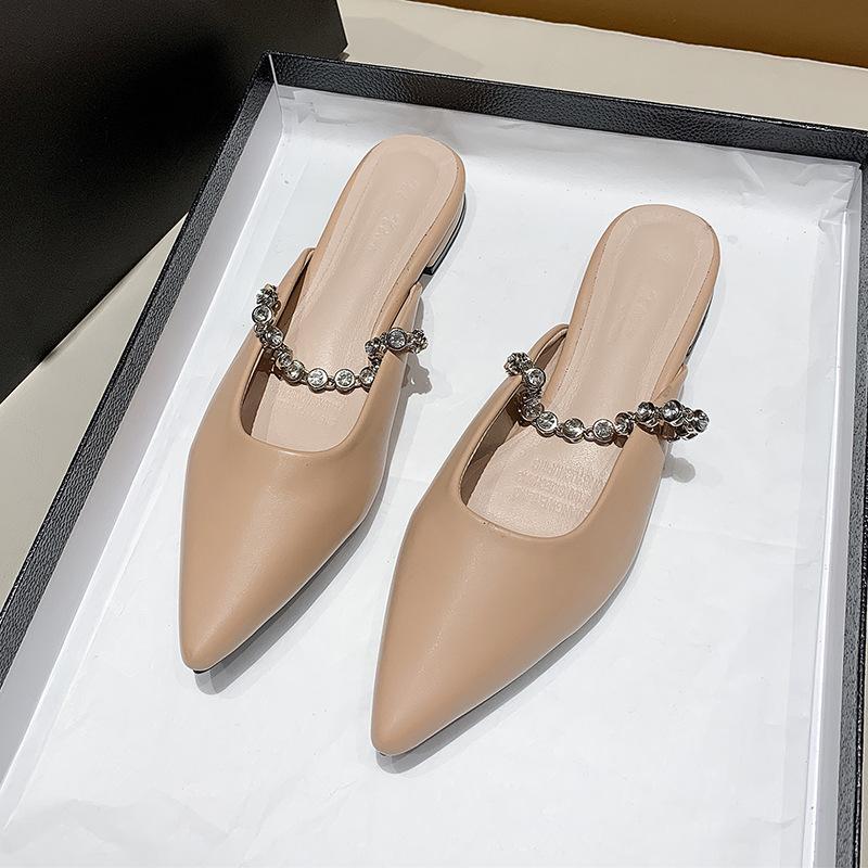 Summer French-style Thong Sandals with Chain Pointed Toe Mules, Half-slip Square Heels, Casual High-heeled Sandals