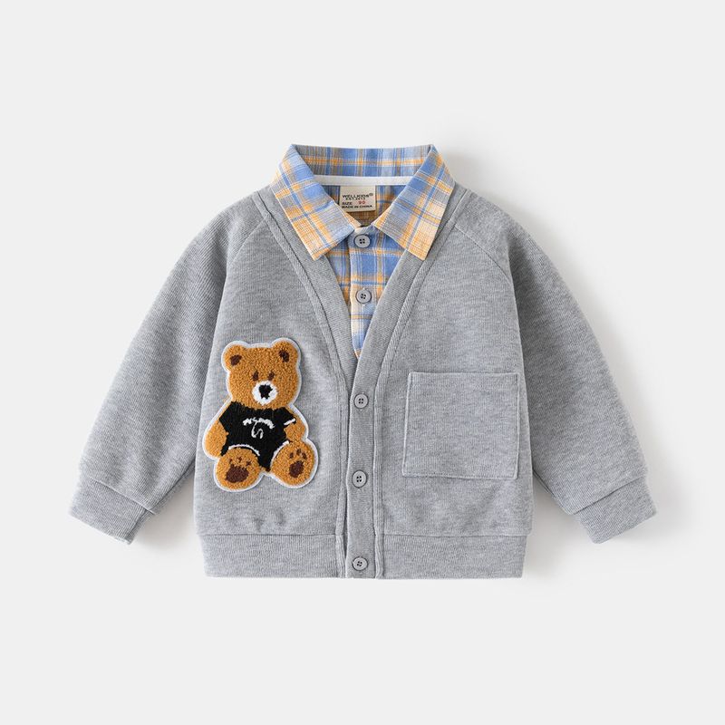 Spring and Autumn Boys  Fake Two-Piece Jacket Long-Sleeved Sweatshirt Kids Cartoon Bear Tops Children s Clothing Baby Boys  Pullover Gray 100