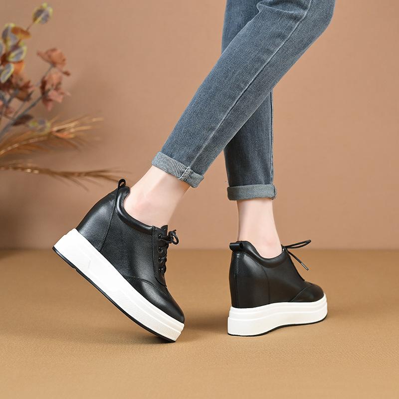 Thick-soled Wedge Heel Strap Leather Casual Shoes 2025 Spring New Muffin Sole Waterproof Table 10cm Height-increasing Single Shoes