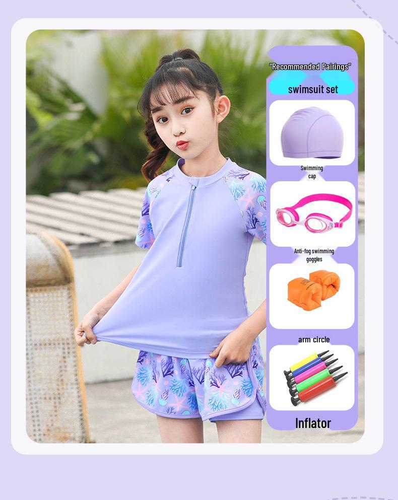 2025 New Japanese Floral Girls' Swimsuit Set with Swim Cap for Training