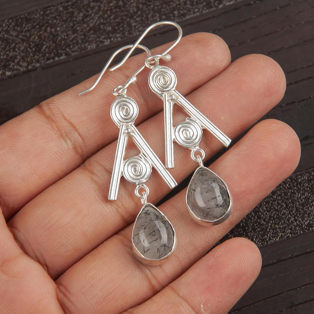 Black Rutile Handmade Silver Earrings, 925 Sterling Silver Boho Pendant, Beautiful Rutile Gemstone Earrings Gift For Love