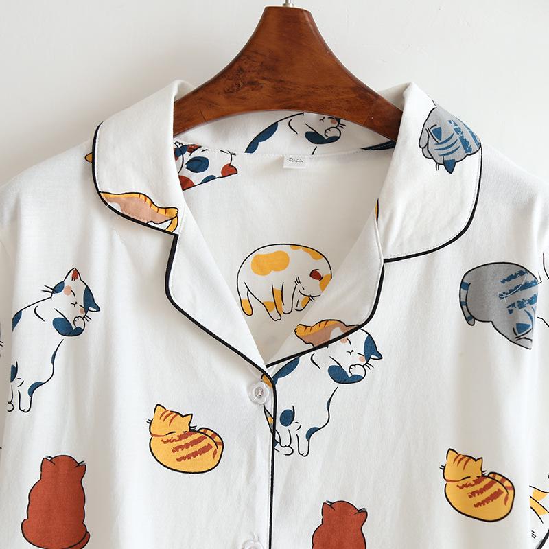 Summer Women’s Cute Japanese Cat Pajamas - Short Sleeve Cotton Cardigan & Shorts Set