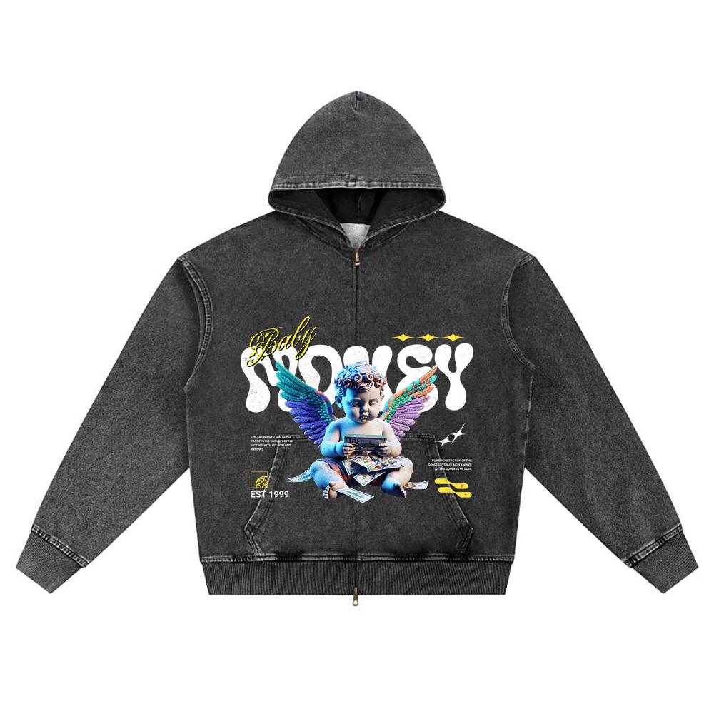 

DTG print Knitted Denim Zip-Up Hoodie Baby Money Brother Print Zipper Hoodies S