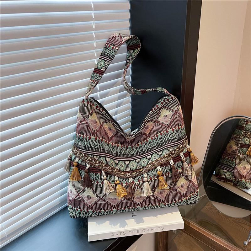 Ethnic Inspired Shoulder Bag Made From Special Material With Zipper Closure