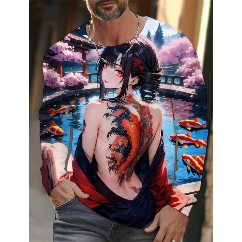 new men's long-sleeved T-shirt 3D printing HD anime tattoo beauty printing men's autumn tops casual round neck home clothes