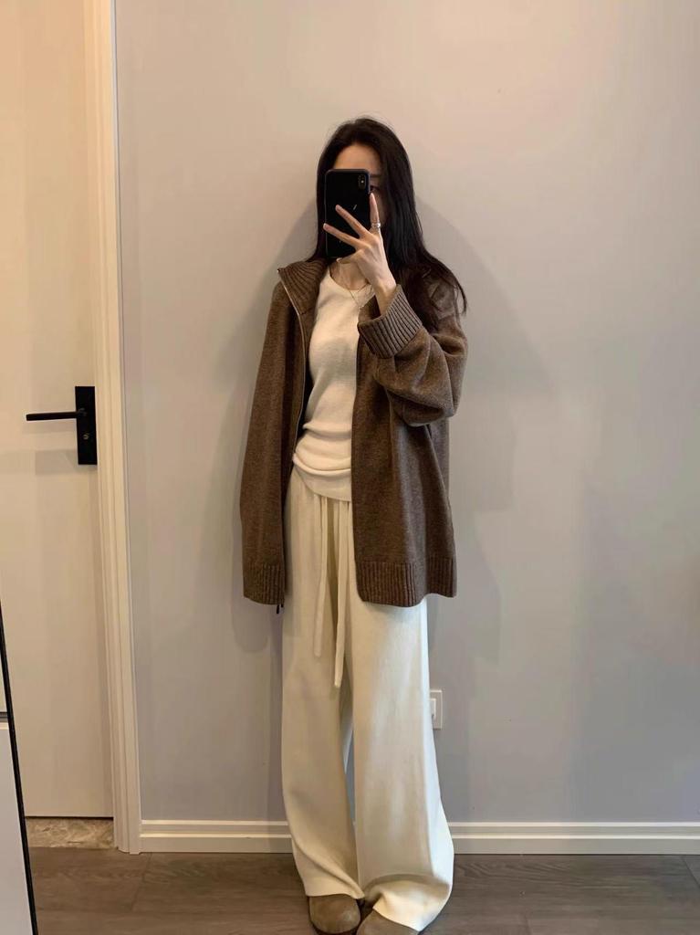 Women's Designer Mid-Length Wool Cardigan with Double Zipper and Stand Collar - Perfect Loose Sweater for Autumn and Winter.