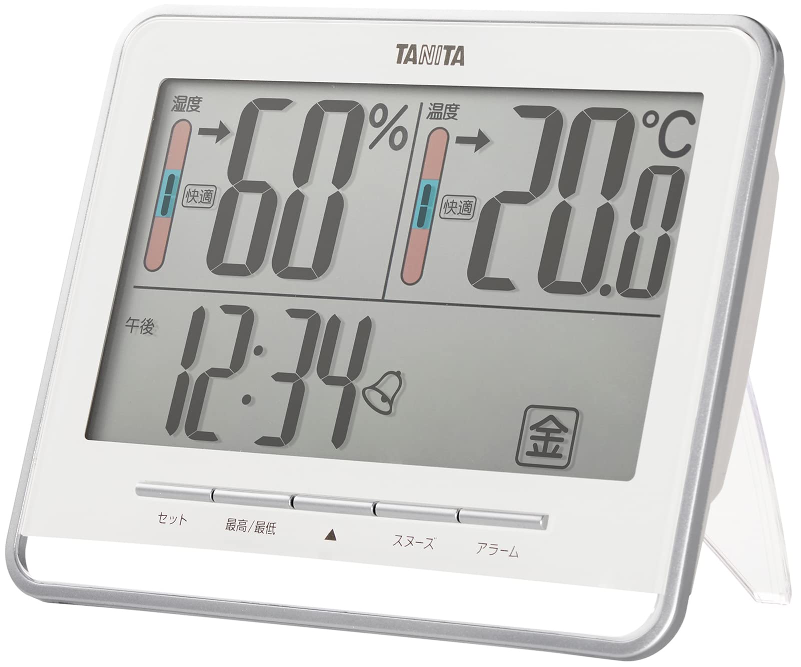 

Tanita WH Digital Large White and Comfort Level Snooze as a Table Clock or Wall Clock TT-538 Clock, Screen, Temperature, Humidity, Displays, Calendar, білий