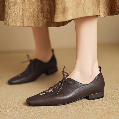 Fashion 2025 New Soft Genuine Leather Lace-up Women Heels Shoes Square Toe Comfortable Fashion Casual Low Heel Shoes Four Seasons Shoes