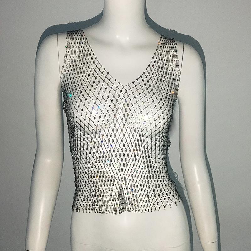 Europäisches & Amerikanisches High-End Mesh Strass Damen Langarmtop