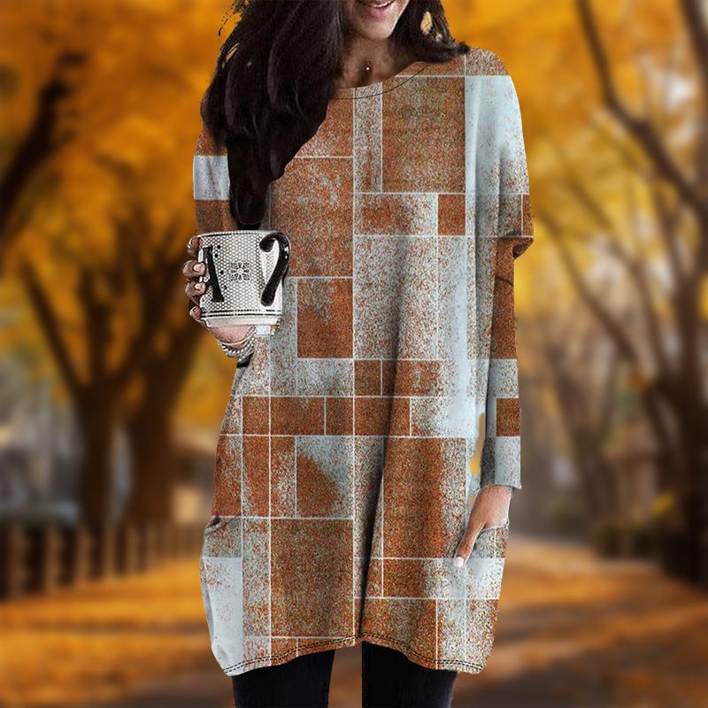 

New In Autumn Noise Block Print Plus Size Dress Women O neck Long Sleeves Casual Pocket Dresses 8XL помаранчевий
