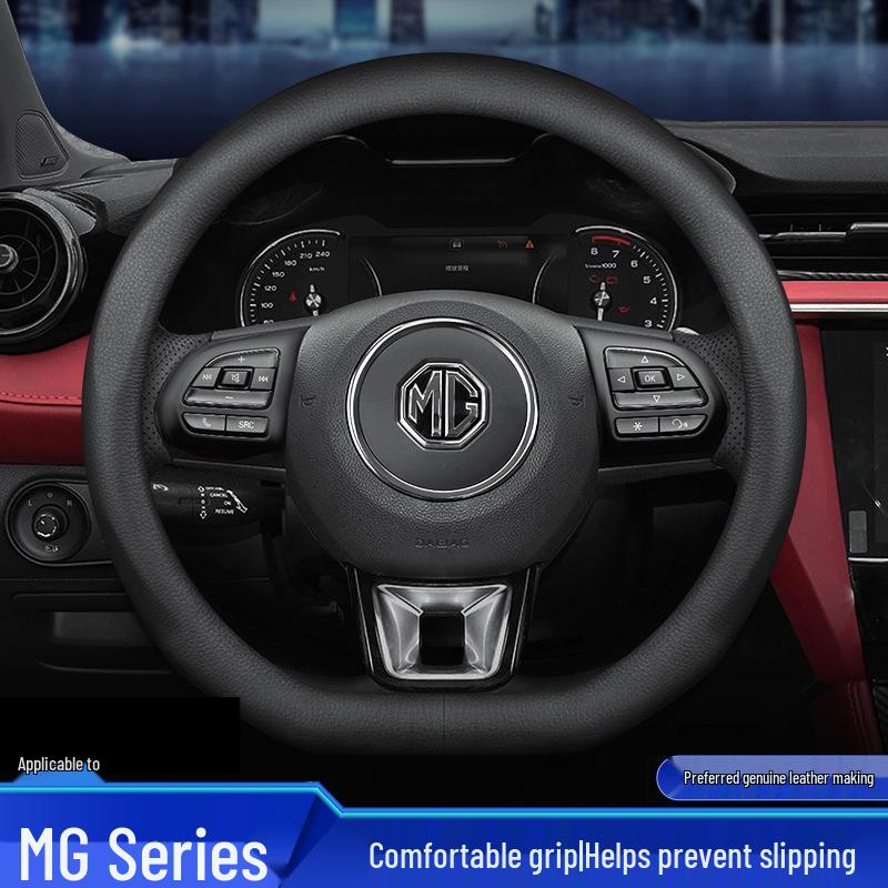 

Genuine Leather Steering Wheel Cover for MG ZS, Roewe MG3, MG5, MG6, MG7 Ruihang - All Seasons. Genuine Leather for MG (D-Shaped) With Logo